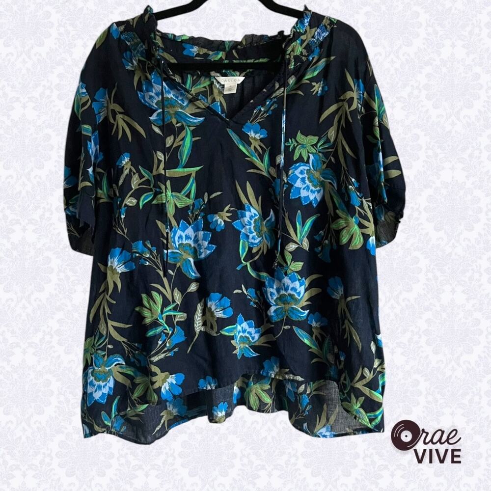 Caslon Womens 3X Plus Black Blue Floral Ramie Tencel Blend Blouse [🌿]